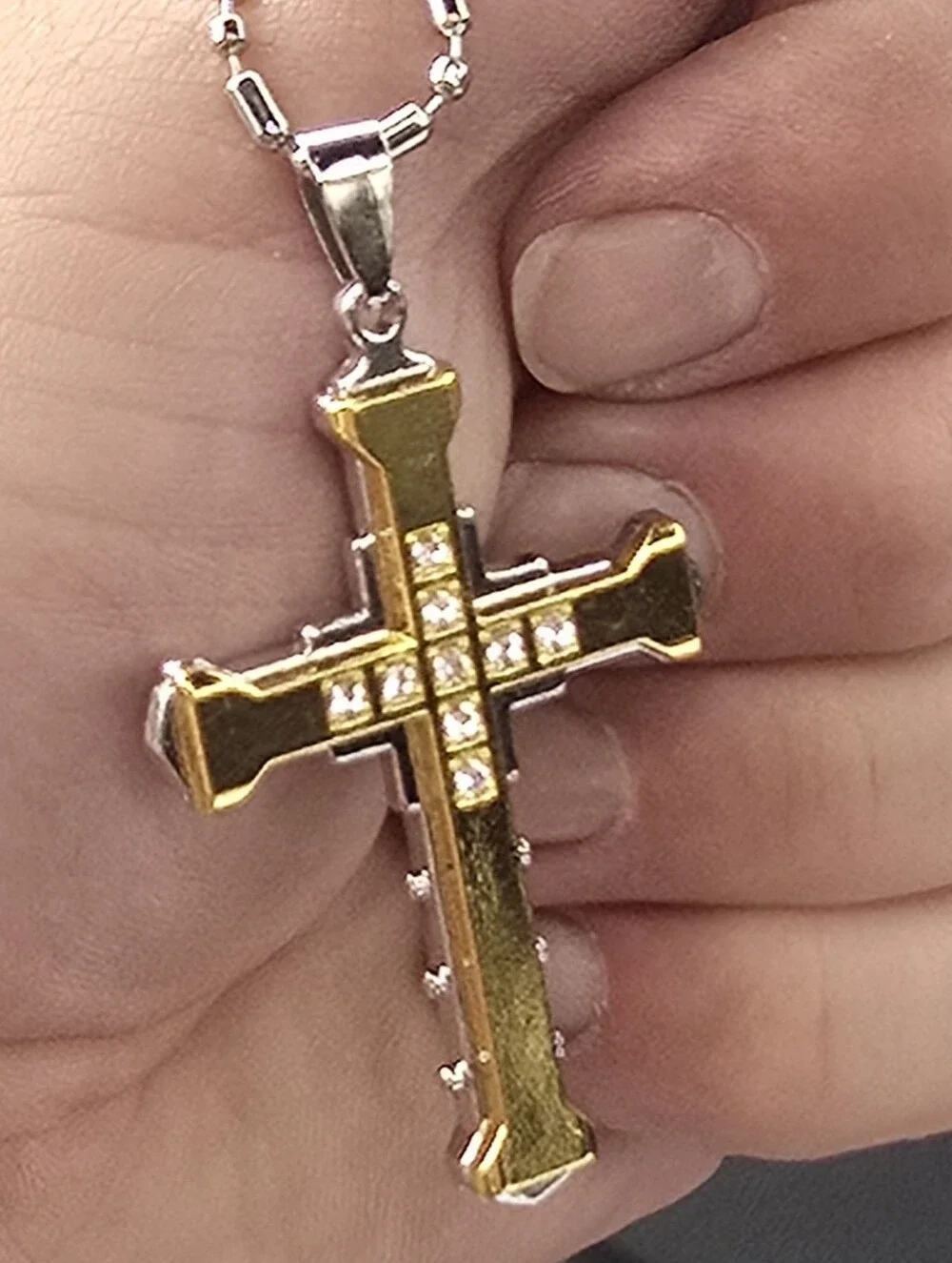 Men’s Gold Stainless Steel Cross Pendant Necklace Christian CZ Crystal Crucifix